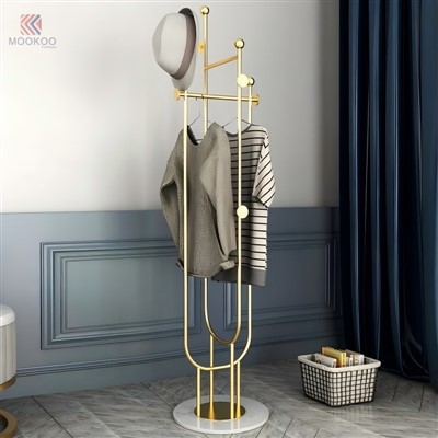 MOOKOO Suport pentru haine din metal auriu de lux din podea Bază de marmură Cârlige ABS/acrilic/PVC Accenturi de stejar/lemn-Stil modern pentru asamblare ușoară